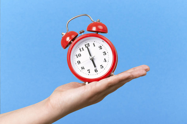reloj rojo con alarma en la mano sobre fondo azul
 - Foto, Imagen