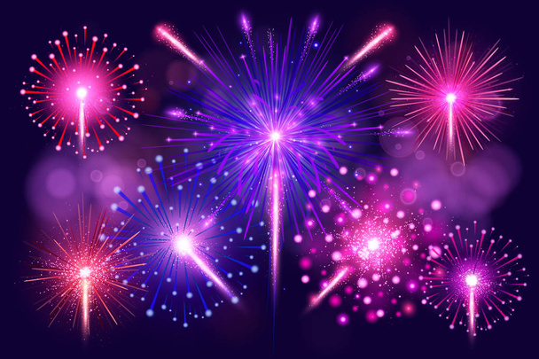Colorful fireworks set. Bright festive realistic vector fireworks illustration. New Year Christmas firework. Firework explosion, star or stardust, bright colors background. - Vector, Image