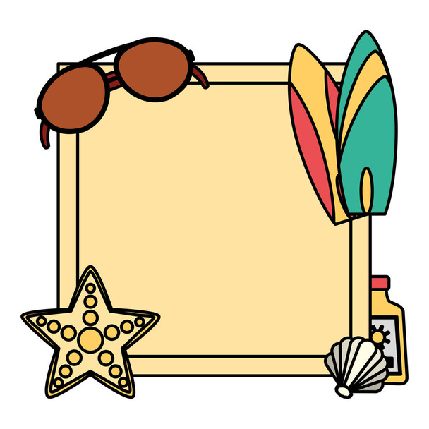 χρώμα τετράγωνο έμβλημα με Αξεσουάρ παραλίας διακοπές εικονογράφηση διάνυσμα - Διάνυσμα, εικόνα