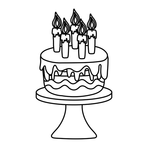 line delicious cake with burning candles in the table vector illustration - Vector, Image