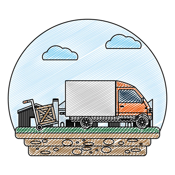 платформа доставки каракулі візки з дерев'яними пакетами та вантажівкою Векторні ілюстрації
 - Вектор, зображення