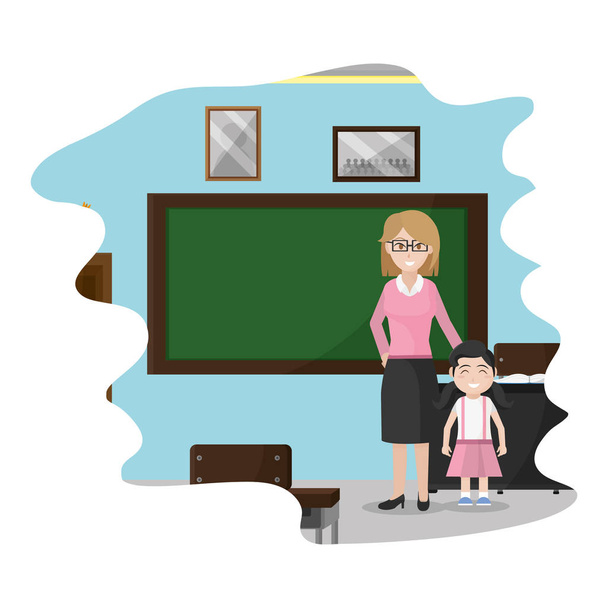 学校教室のベクトル図で女子生徒と先生 - ベクター画像