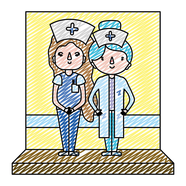 Doodle nők ápolók szakmai egységes vektoros illusztráció és kalap - Vektor, kép
