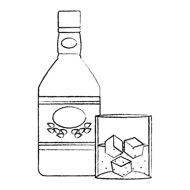 ilustracja wektorowa butelka tequili blanco grunge i szkła z kostkami lodu - Wektor, obraz