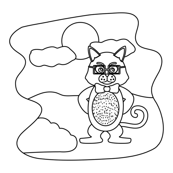 лінія тигра тварина в окулярах і стрічковий лук в ландшафті Векторні ілюстрації
 - Вектор, зображення