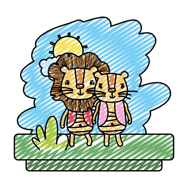 doodle pareja león lindo animal salvaje vector ilustración
 - Vector, imagen