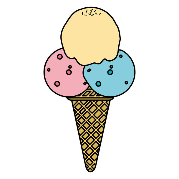 ice cream with three balls and cone vector illustration - Vector, Image