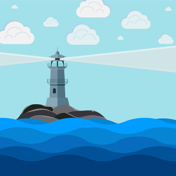 image of the lighthouse on the island, paratrooper sailors, vector image, flat style - Vector, Image