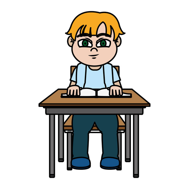 color nice boy sitting school book and book vector illustration - Vector, Image