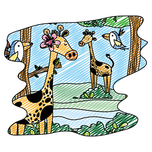 doodle belle giraffe e uccelli selvatici animale nel vettore foresta illustrazione
 - Vettoriali, immagini