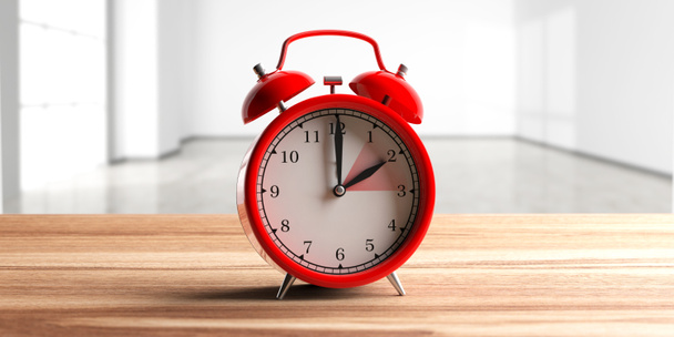 Final del horario de verano europeo. Reloj despertador rojo en escritorio de madera, fondo de casa vacío, espacio para copiar. ilustración 3d
 - Foto, Imagen