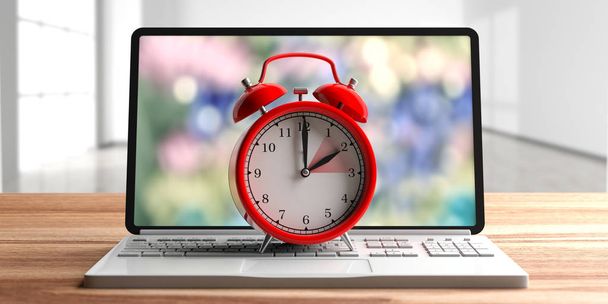 European daylight saving time end. Red alarm clock on a computer laptop on wooden desk. 3d illustration - Photo, Image