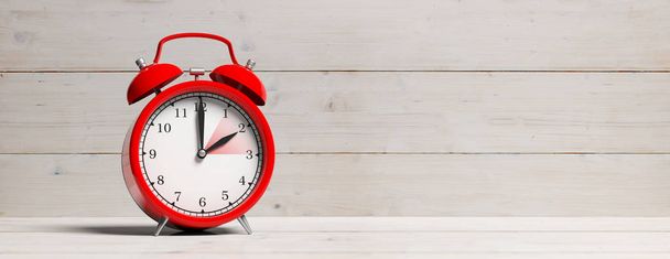 European daylight saving time end. Red alarm clock and time zone isolated on white wooden background, banner, copy space. 3d illustration - Photo, Image