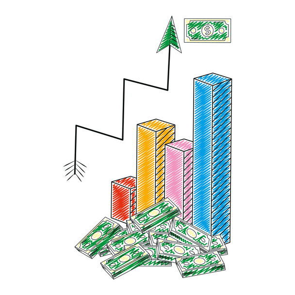 barra de estadística gráfica doodle y flecha creciendo con ilustración de vectores de billetes
 - Vector, imagen