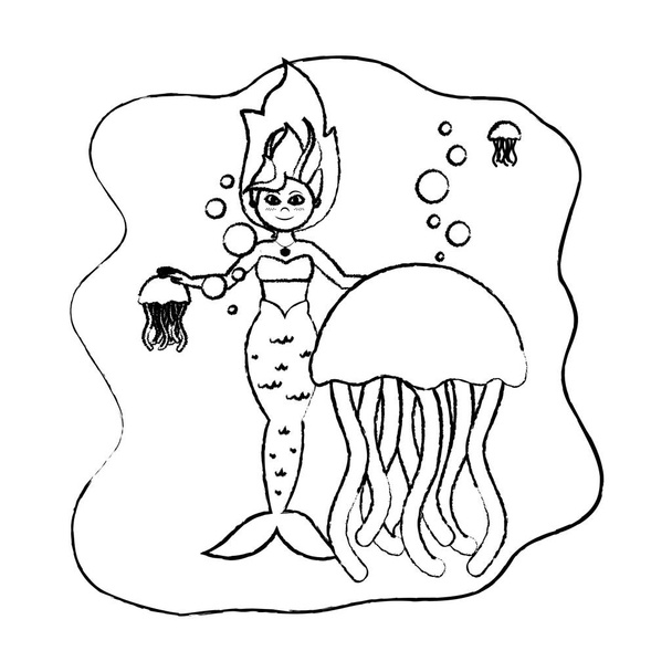 grunge ładny syrena kobieta z jellyfishes zwierząt ilustracji wektorowych - Wektor, obraz