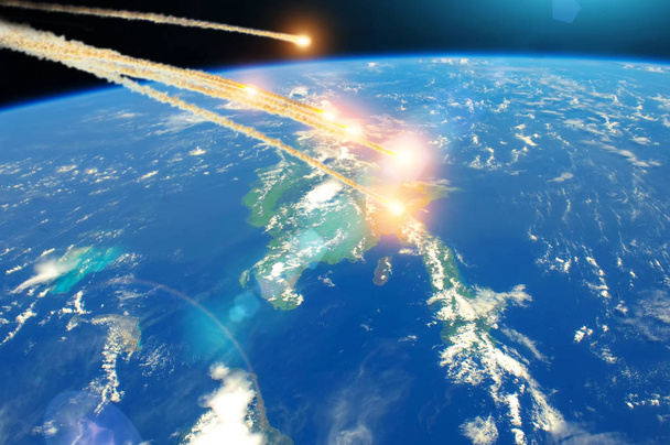Meteoriitti putoaa avaruudesta Kuuban saaren yllä, räjähdys ilmakehässä. Elementit tämän kuvan kalustettu NASA
. - Valokuva, kuva