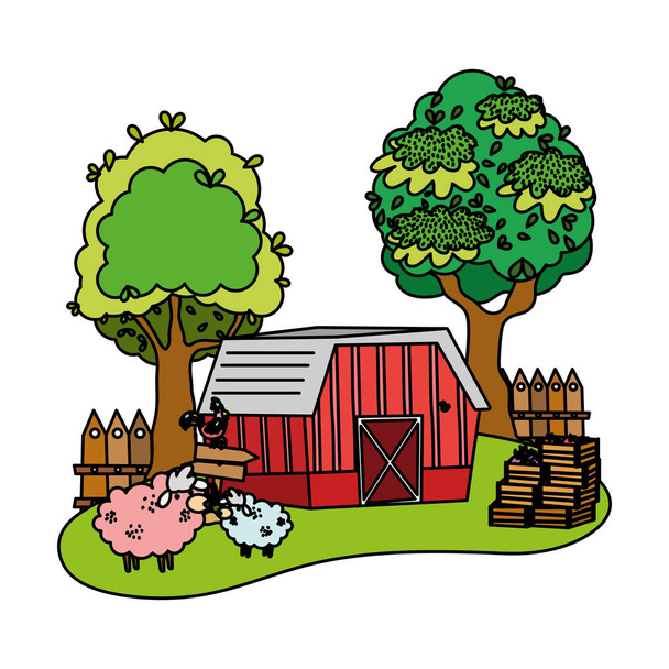 color house farm with sheeps and rooster animals vector illustration - Vector, Image