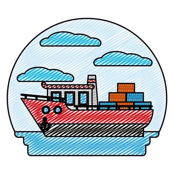 yan gemi nakliye konteyner kargo vektör çizim ile doodle - Vektör, Görsel
