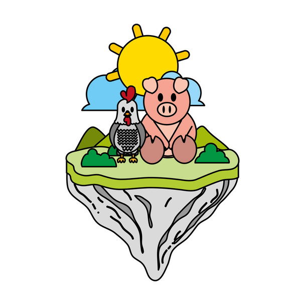 Farbhahn und Schweinefreunde in schwimmender Inselvektorillustration - Vektor, Bild