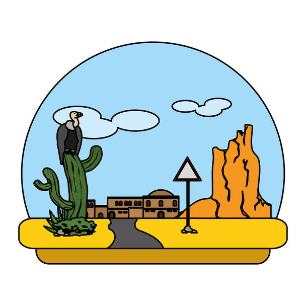 buitre de color en cactus y desierto de la ciudad con ilustración de vector emblema de aviso
 - Vector, Imagen
