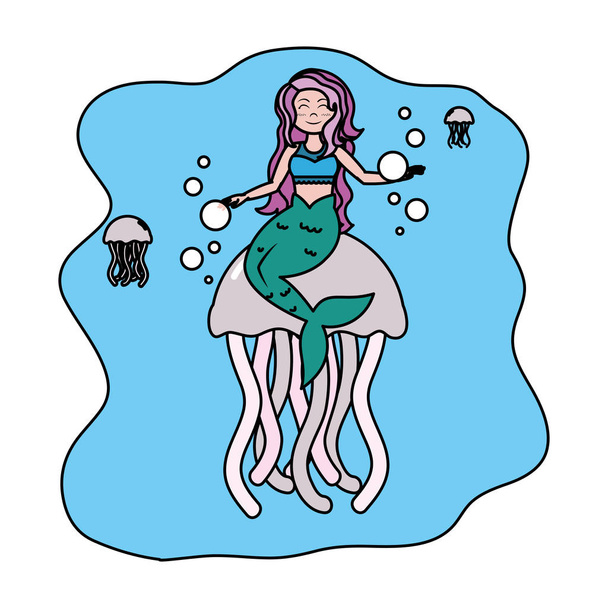 color cute siren woman with jellyfishes animals vector illustration - Vector, Image