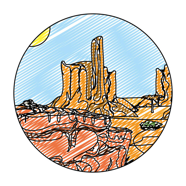 doodle palmera del desierto con ilustración de vectores de paisaje de cañón
 - Vector, Imagen