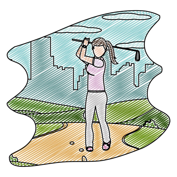 Doodle γυναίκα με ομοιόμορφη παιχνίδι γκολφ αθλητισμού διανυσματικά εικονογράφηση - Διάνυσμα, εικόνα