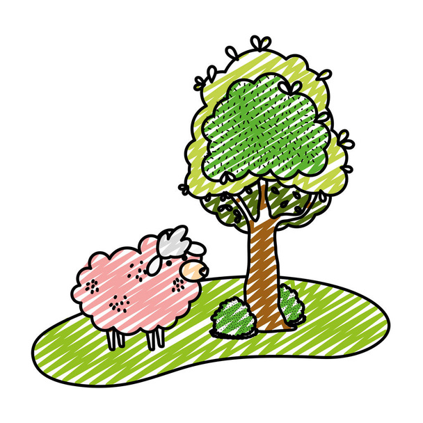 Doodle niedliche Schafe Nutztier neben Baum Vektor Illustration - Vektor, Bild