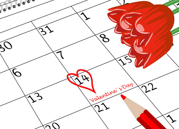 Valentinstag Kalenderblatt mit Herzstift und Blumen - Foto, Bild