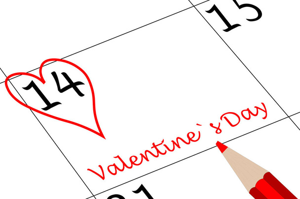 Día de San Valentín Calendario Día con la pluma del corazón y la escritura
 - Foto, Imagen
