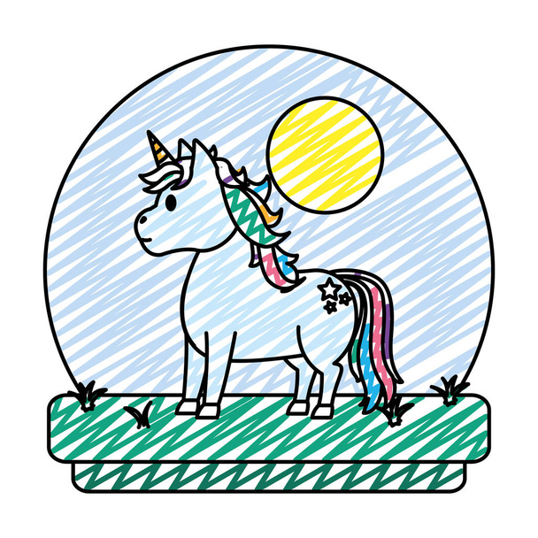 doodle unicorn with hairstyle and stars tattoo in the landscape vector illustration - Vector, Image