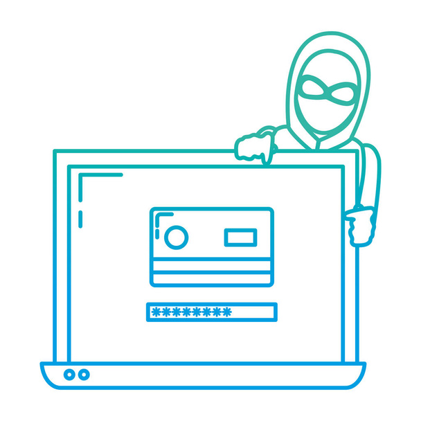 деградований ноутбук з кредитною карткою та хакерськими даними Векторні ілюстрації
 - Вектор, зображення