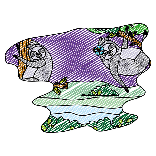 doodle belas preguiças animais selvagens na selva vetor ilustração
 - Vetor, Imagem