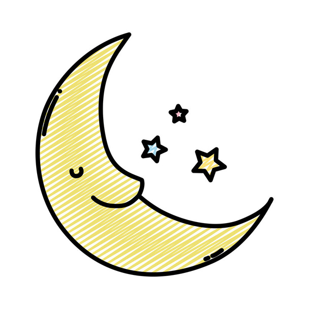 doodle kawaii happy moon with stars in the sky vector illustration - Vector, Image