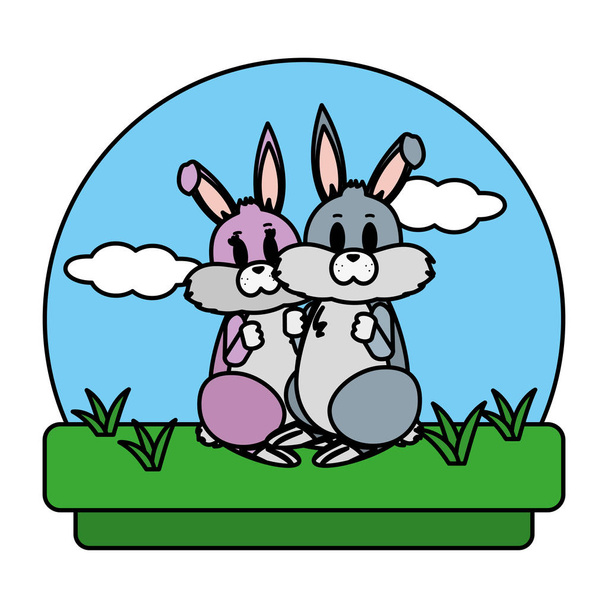 color lindo conejo pareja de pie en el vector de paisaje ilustración
 - Vector, Imagen