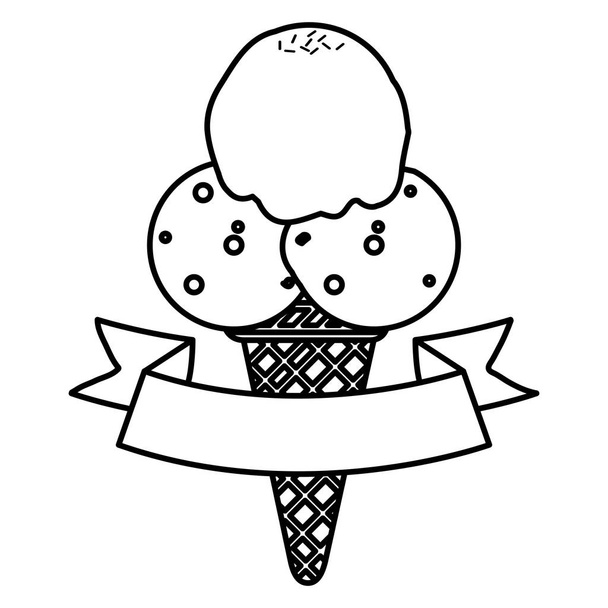 line ice cream with three balls and ribbon vector illustration - Vector, Image