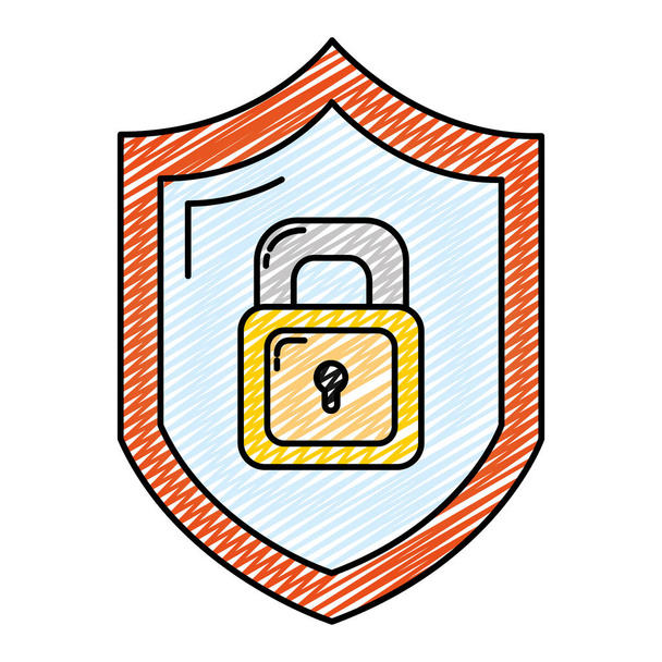 doodle security shield and padlock protection symbol vector illustration - Vector, Image
