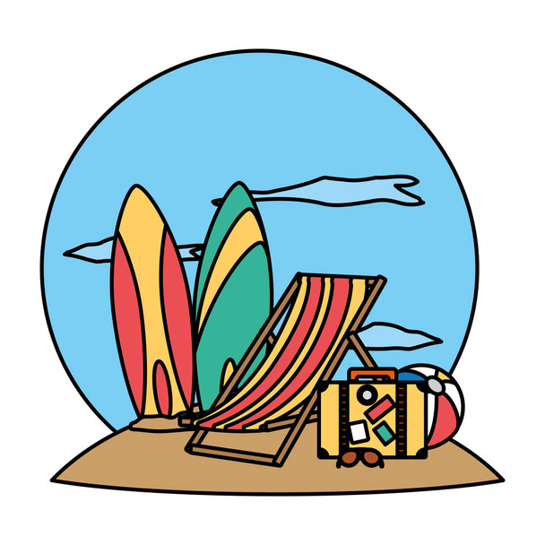 χρώμα ιστιοσανίδες με παραλία καρέκλα και ταξιδεύουν σακίδιο εικονογράφηση διάνυσμα - Διάνυσμα, εικόνα