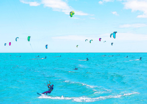 Kitesurfing na fale morza w Hiszpanii, akwarela malowane, aktywny sport - Zdjęcie, obraz
