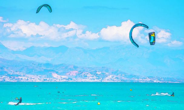 Kitesurfing στα κύματα της θάλασσας στην Ισπανία, ακουαρέλα χειροποίητη, ενεργό αθλητισμό - Φωτογραφία, εικόνα