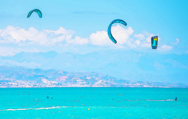 Kitesurfing στα κύματα της θάλασσας στην Ισπανία, ακουαρέλα χειροποίητη, ενεργό αθλητισμό - Φωτογραφία, εικόνα