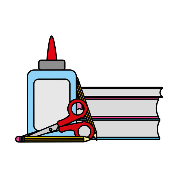 kleur lijm en schaar met boeken school tools vectorillustratie - Vector, afbeelding