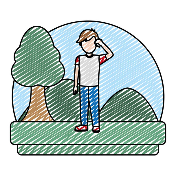 doodle boy calling with social smartphone in the landscape vector illustration - Vector, Image