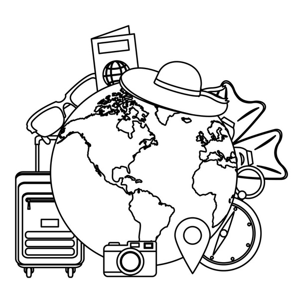 line global planet with journey travel objects vector illustration - Vector, Image