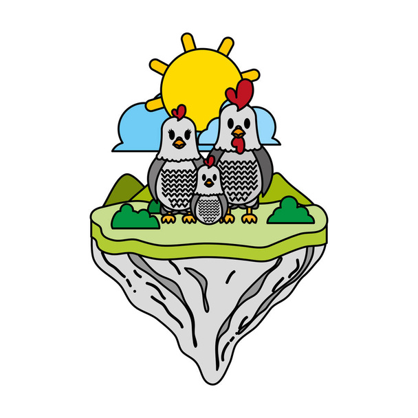 kleur familie kip dier in float eiland vectorillustratie - Vector, afbeelding