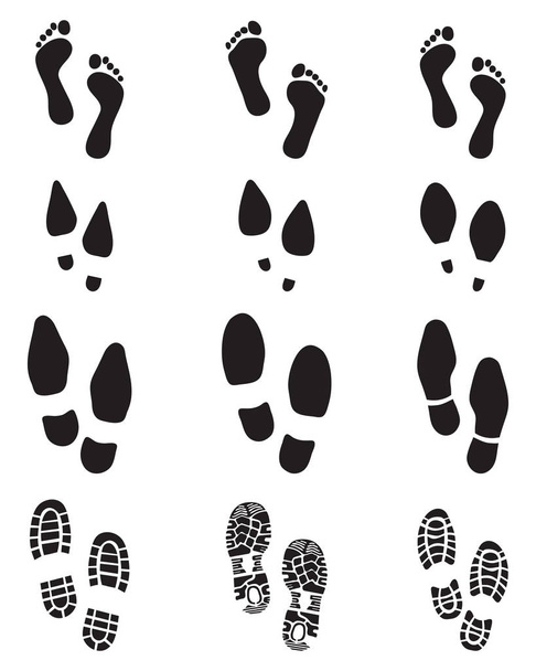 Huellas negras de pies y zapatos humanos sobre un fondo blanco - Vector, imagen