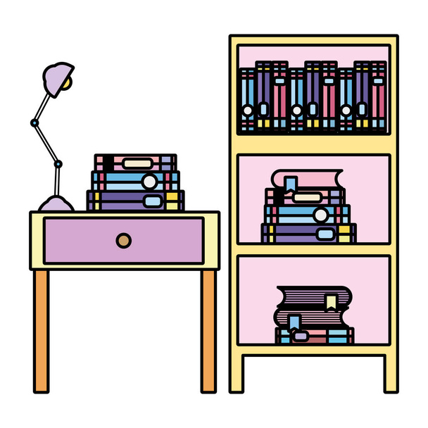 цветные книги и лампа в конце стола с иллюстрацией вектора книжного шкафа
 - Вектор,изображение