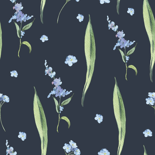 Watercolor Vintage Floral Seamless Pattern with Blue Wildflowers - Foto, imagen