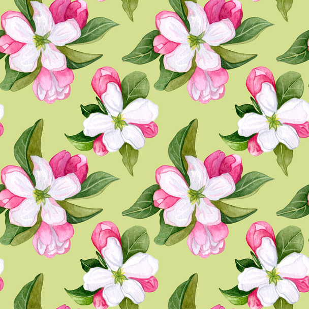 水彩花と葉のシームレスなパターン。ピンクと白の花のアップルとモモとのシームレスなパターン。手描き水彩イラスト. - 写真・画像