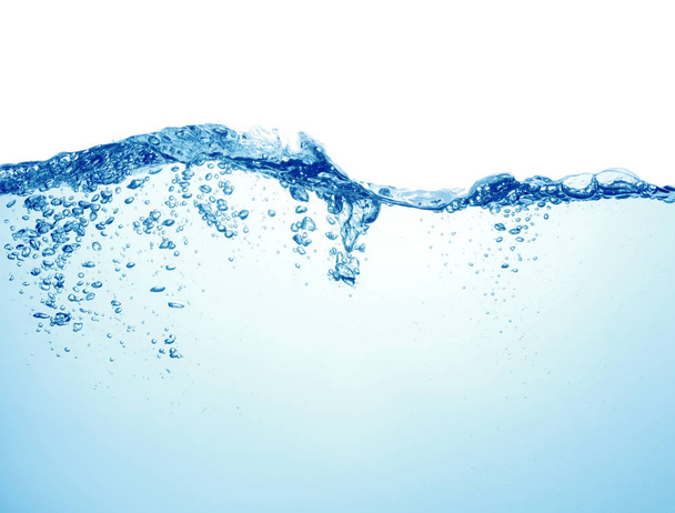 clean blue water with air bubbles and splashes on white background - Foto, afbeelding
